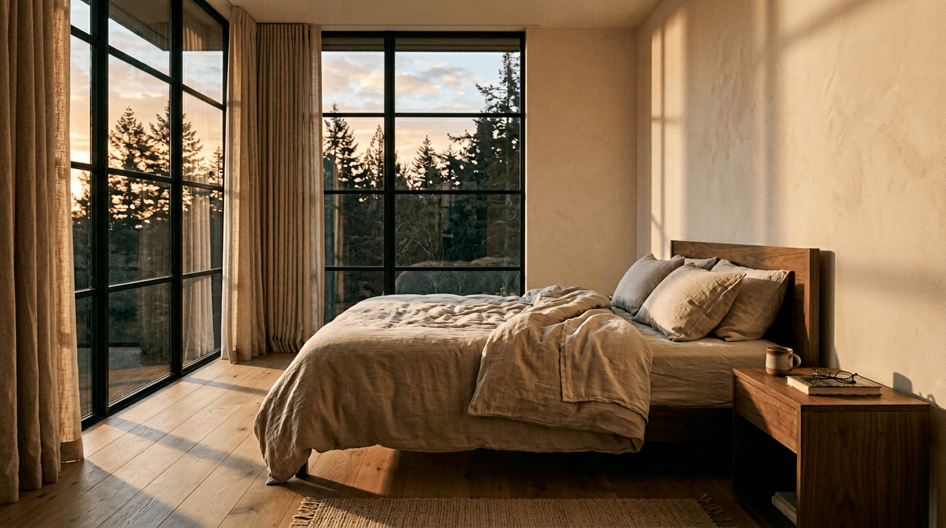 A Pacific Northwest bedroom at sunrise — light arriving before the day begins