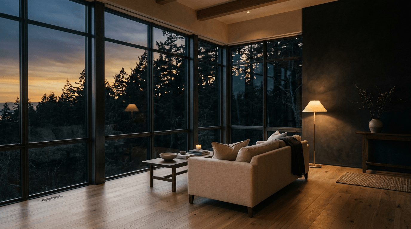 A Pacific Northwest residential interior at dusk — floor-to-ceiling windows, warm lamp, natural materials