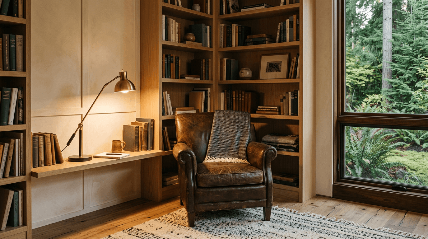 Estate refinement — a carefully improved study, millwork shelves, leather chair, view to the garden