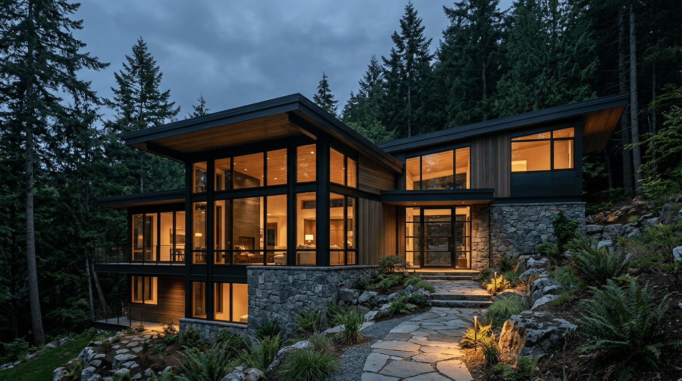 A Pacific Northwest modern home at blue hour — the scale and quality of the homes one26 works on