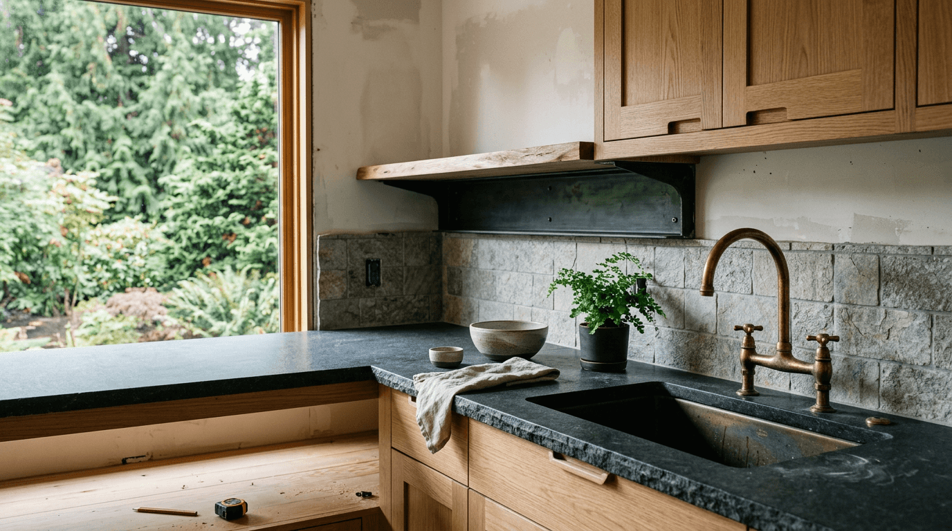 Renovation detail — honed stone countertop, white oak cabinetry, aged brass tap, craft of a home reconsidered