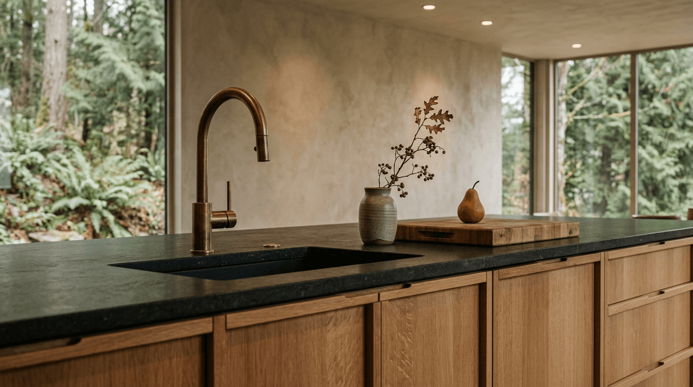 A new construction interior — honed stone island, warm oak cabinetry, precision of a home built with intention from the ground up